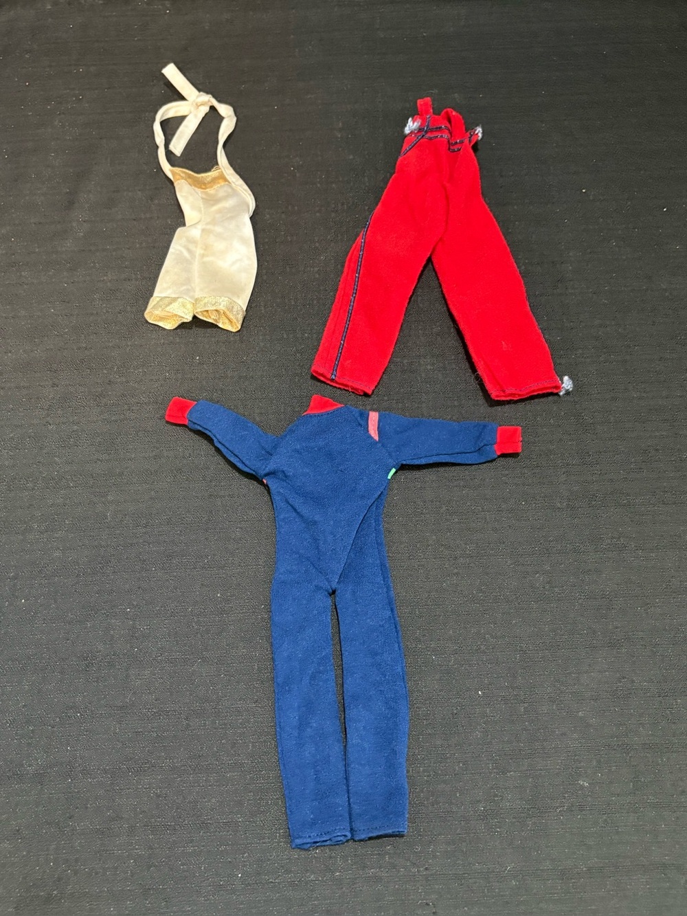 3 vtg Barbie, Midge & other Doll jumpsuits (one has stains on it)